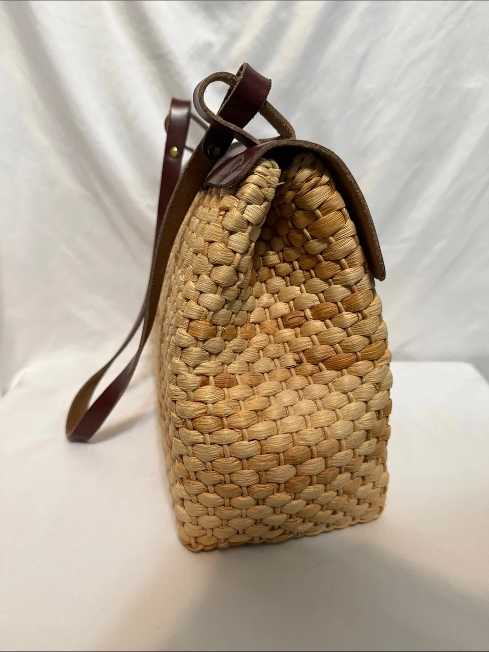 Woven Straw Tote with Brown Leather Top and Strap